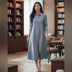 VTG EDDIE BAUER PRAIRIE COTTAGE CORE LIGHT BLUE CHAMBRAY DENIM MAXI DRESS SZ S-P